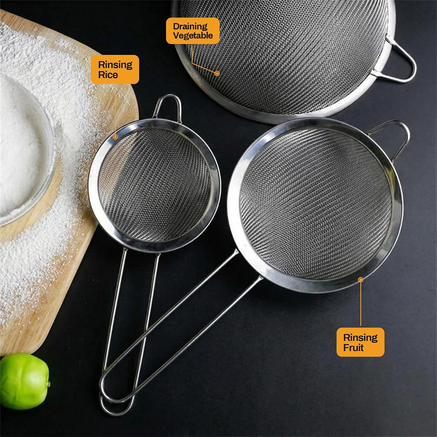 Eleen Premium Stainless Steel Fine Mesh Strainers For Kitchen 3-Piece Set With Non-Slip Handle, Small, Medium & Large Sieves, Colanders And Sifter For Sifting, Straining, Pastas Tea, Rice Vegetables