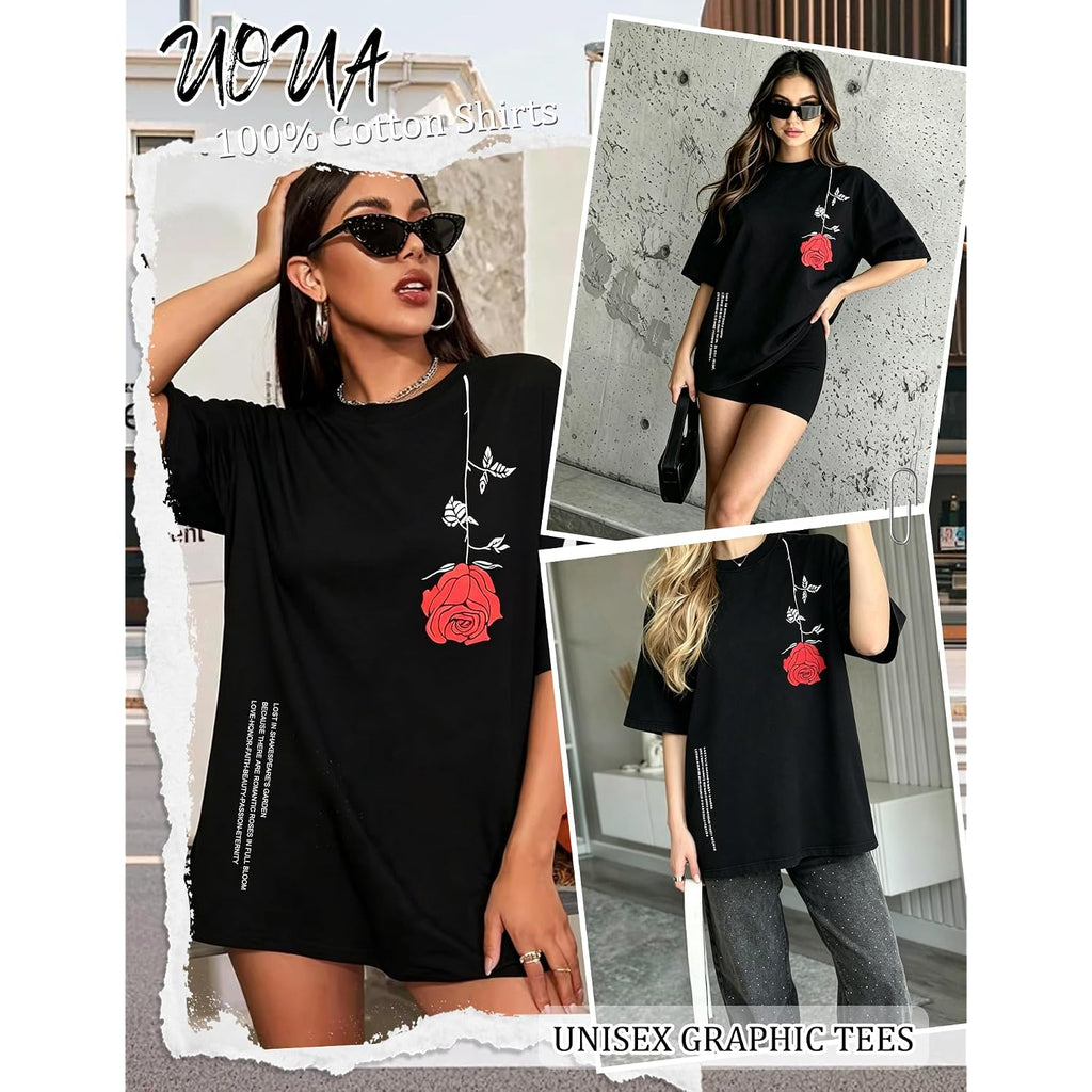UOUA Women Oversized Graphic T-Shirt Casual Cotton Tees Printed Summer Tops Rose-black