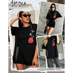 UOUA Women Oversized Graphic T-Shirt Casual Cotton Tees Printed Summer Tops Rose-black