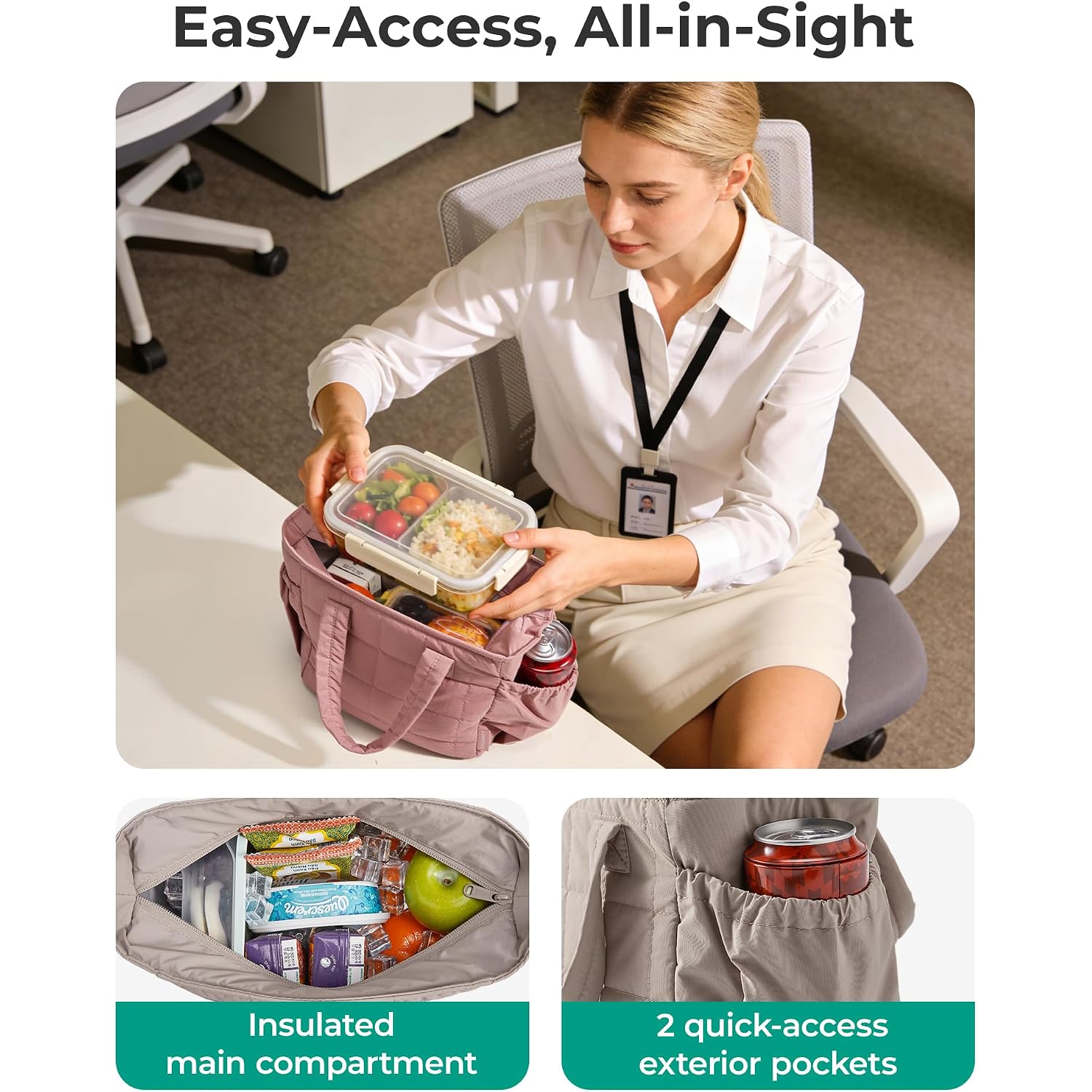 Bagsmart Lunch Bag For Women Small Cute Quilted Lunch Box Insulated Lightweight, Leakproof, Durable & Reusable Tote Bag For Work, Travel, Outdoor, Brown
