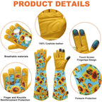 Dly Garden Gloves For Women,Gardening Gloves,Gardening Gift For Lady,Blue,M | Thornproof Cowhide Palm, Foam-Padded Grip, Long Sunflower Print Cuff, 3-Finger Touchscreen, Rose Pruning, Weeding & Yard Work