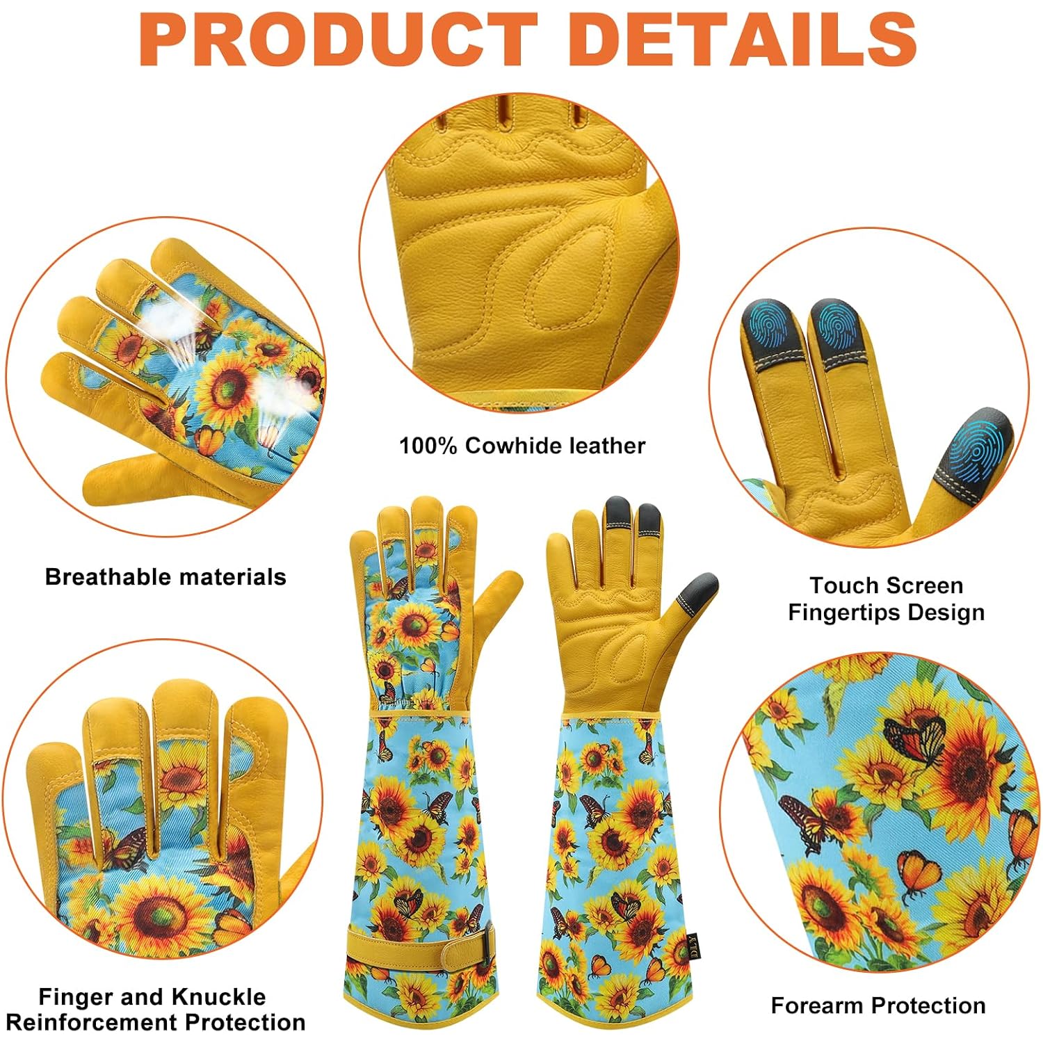 Dly Garden Gloves For Women,Gardening Gloves,Gardening Gift For Lady,Blue,M | Thornproof Cowhide Palm, Foam-Padded Grip, Long Sunflower Print Cuff, 3-Finger Touchscreen, Rose Pruning, Weeding & Yard Work