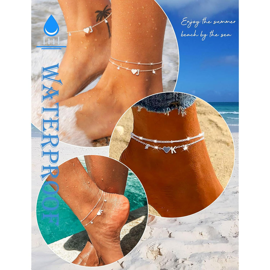 Silver Ankle Bracelets For Women 14k Gold Plated Initial Anklets For Women Waterproof Non Tarnish Dainty Layered CZ Letter A-Z Heart Charm Anklet Set Summer Beach Foot Chain Jewelry Gift