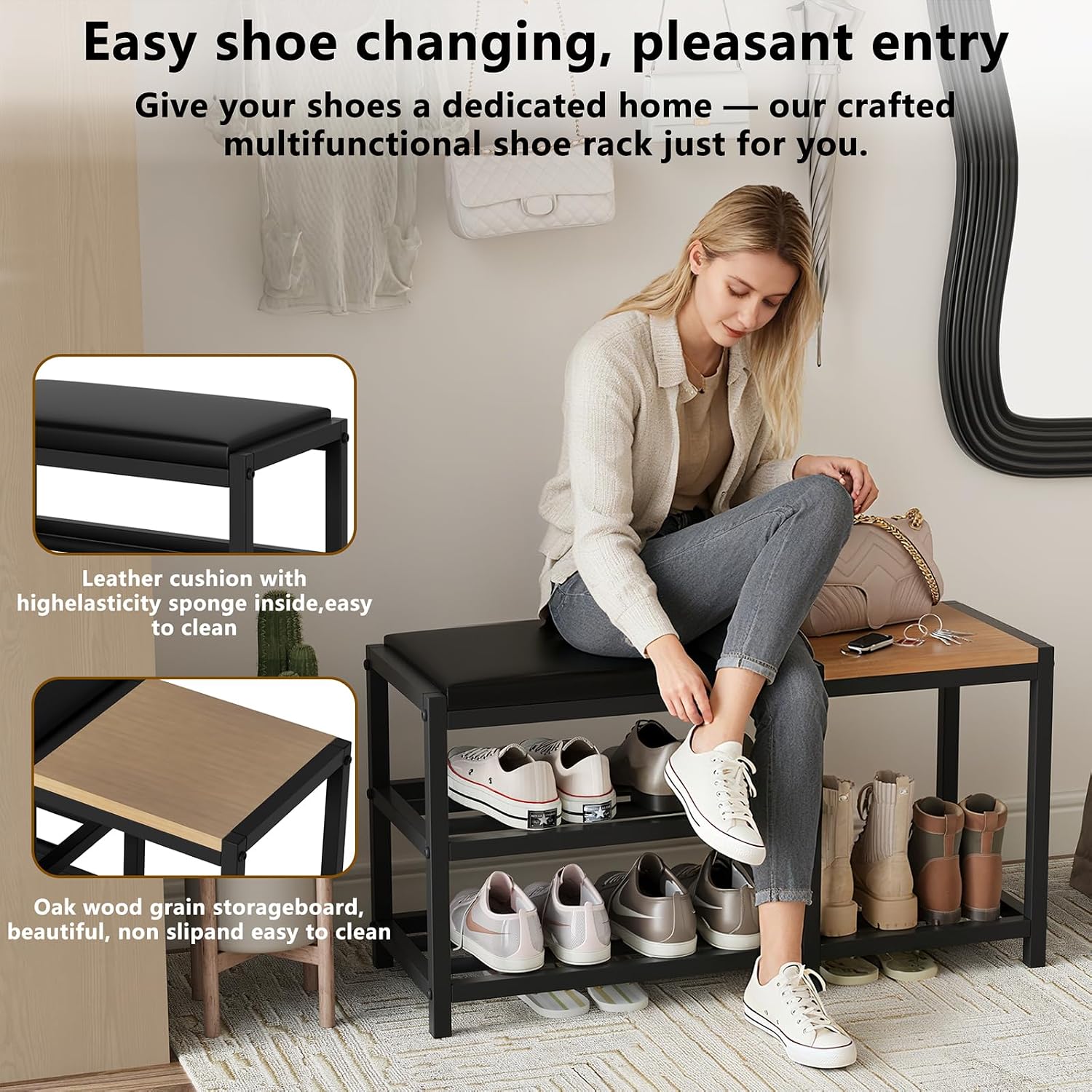 Shoe Bench,Shoe Organizer，Holds Up To 570 Lb，12 X 30.7 X 17.3Inches，3-Tier Shoe Storage Bench,Entryway Bench With Cushioned Seats,For Shoe Rack In The Bathroom,Entryway,Bedroom,Living Room