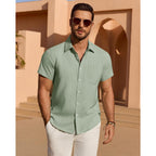 Mens Linen Shirt Short Sleeve Wrinkle Free Casual Untucked Button Down Shirts Beach Breathable Tops Summer