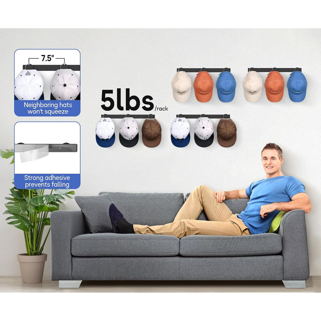 4 Packs Hat Rack For Wall, Hat Organizer For Baseball Caps Holds 36 Hats, 3 Mounting Options Hat Hook Hanger, Strong Baseball Hat Holder Storage, Cap Display For Door, Room, Closet (Black)