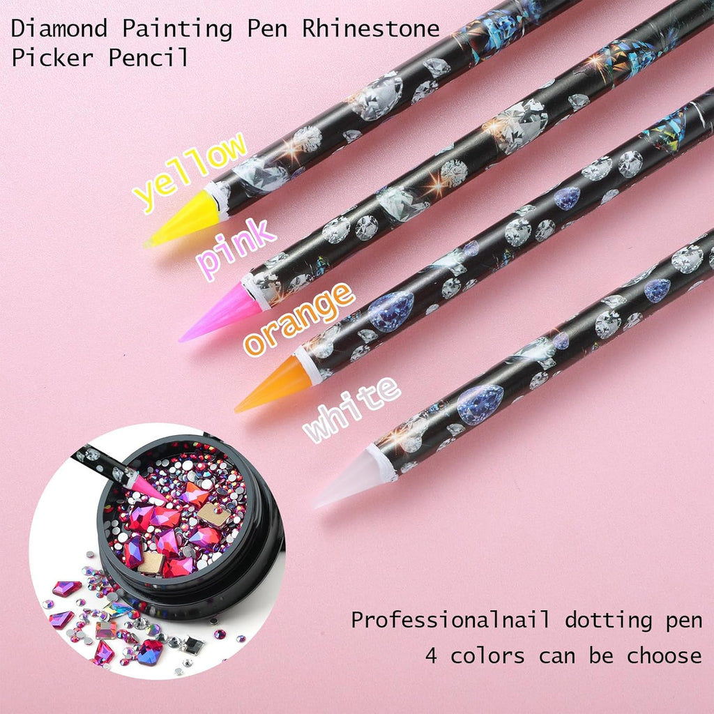 4 Pcs Rhinestone Picker Tool, Self Adhesive Wax Pencil for Rhinestones, Rhinestone Pen Gem Picker Tool with Pencil Sharpener Nail Dotting Tool for DIY Nail Art