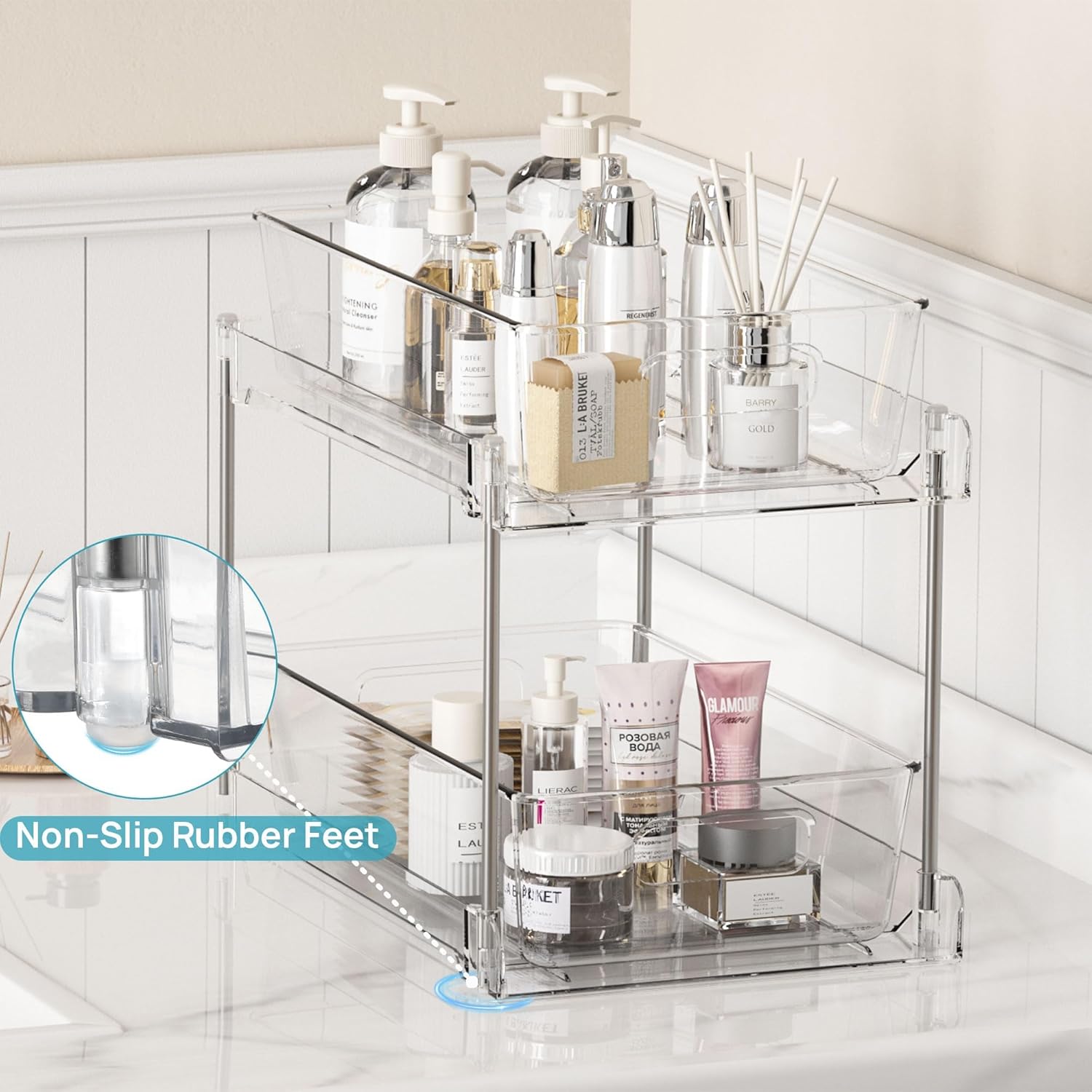 Vtopmart 4 Pack Bathroom Organizer, 2 Tier Clear Under Sink Organizers Vanity Countertop Storage Container,Cabinet Drawers Bins, Pull-Out Organization with Track for Pantry, Kitchen