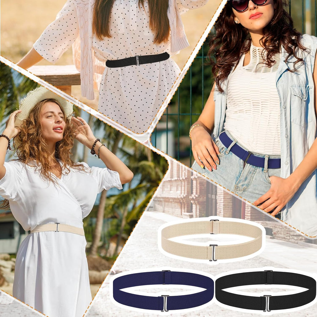 3 Pack Belts for Women, No Show Stretch Belt with Flat Buckle, Adjustable Elastic Waist Belts, Women's Belts for Jeans, Pants, Dresses, Invisible Belt Set for Women - Black, Blue, Khaki