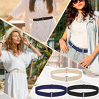 3 Pack Belts for Women, No Show Stretch Belt with Flat Buckle, Adjustable Elastic Waist Belts, Women's Belts for Jeans, Pants, Dresses, Invisible Belt Set for Women - Black, Blue, Khaki