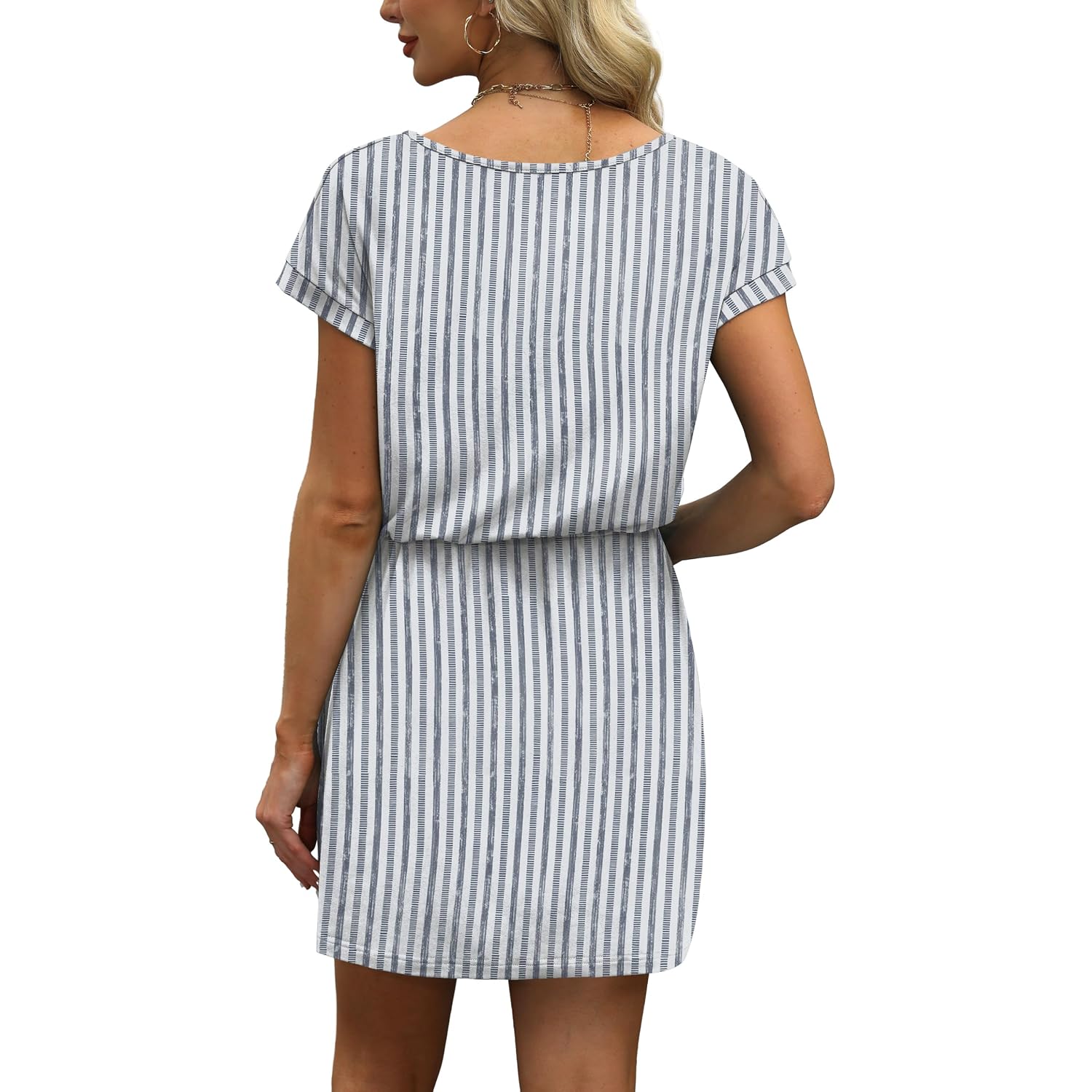 Ofeefan Summer Dresses For Women 2026 V Neck T Shirt Casual Mini Dresses Tie Waist Sundresses With Pockets