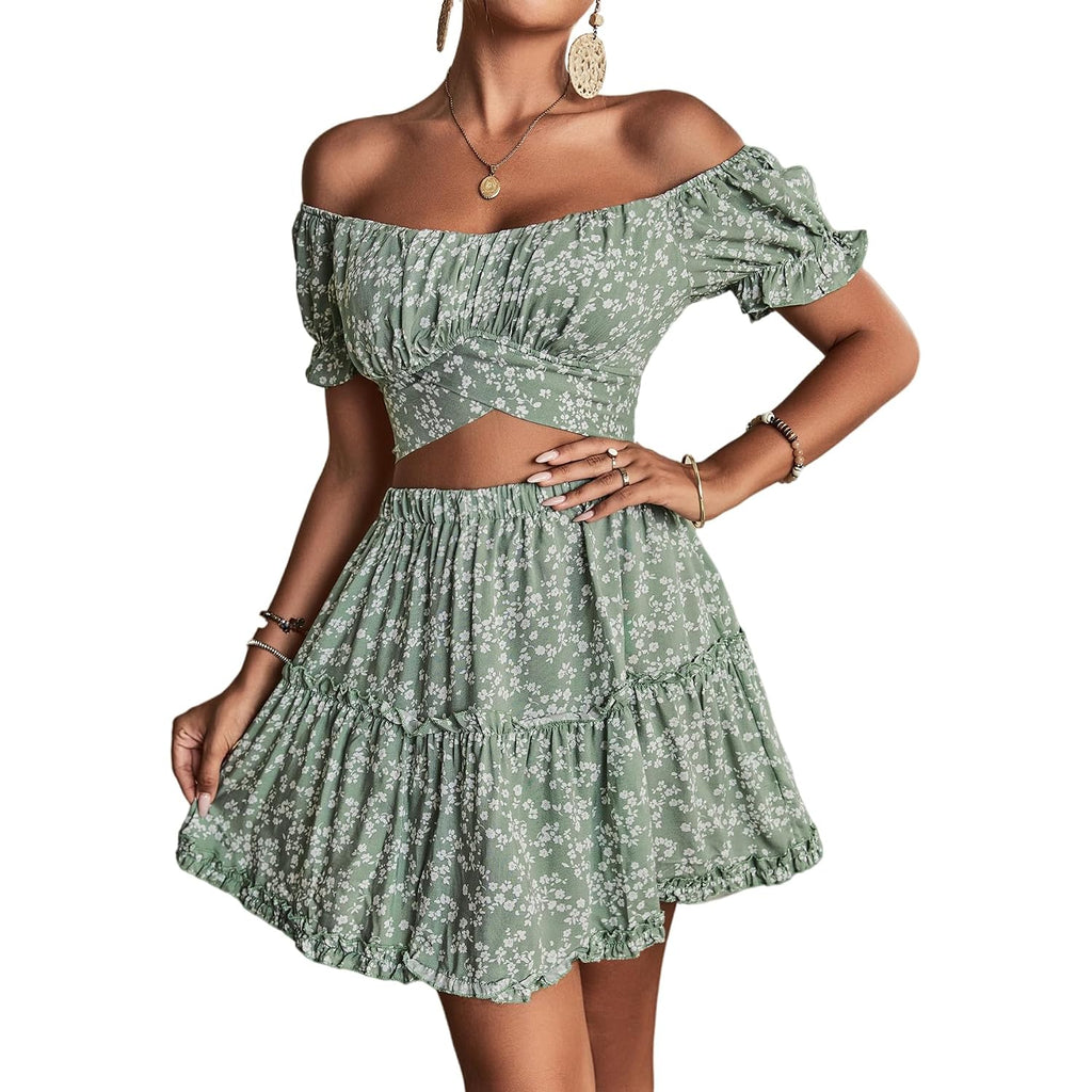 Lyaner Women'S 2 Piece Outfits Floral Off Shoulder Tie Up Crop Top And Mini Skirt Set