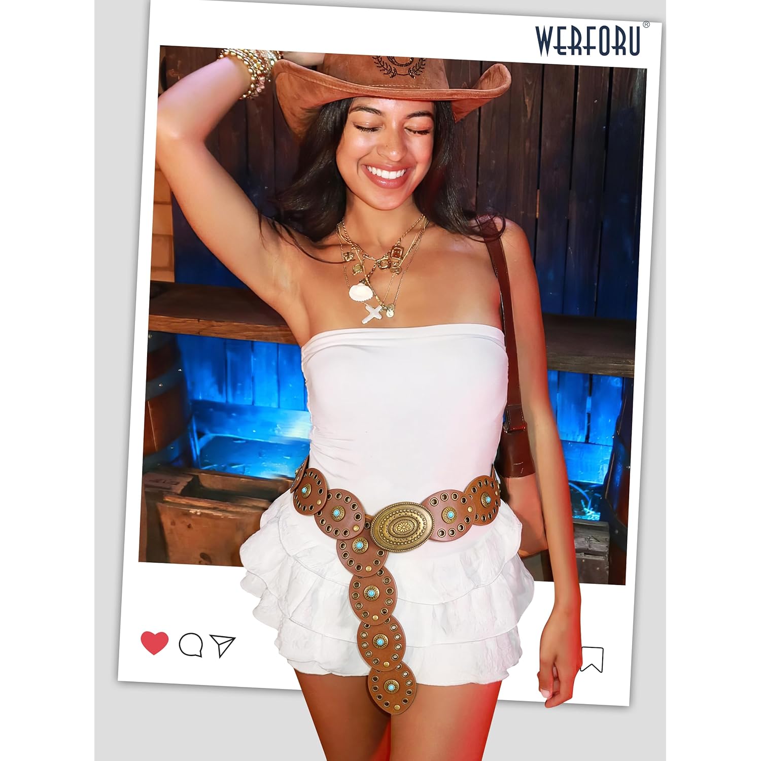 WERFORU Women Western Belts Wide Disc Belt with Turquoise for Dress Cowgirl Country Belt Boho Concho Leather Belt for Concert