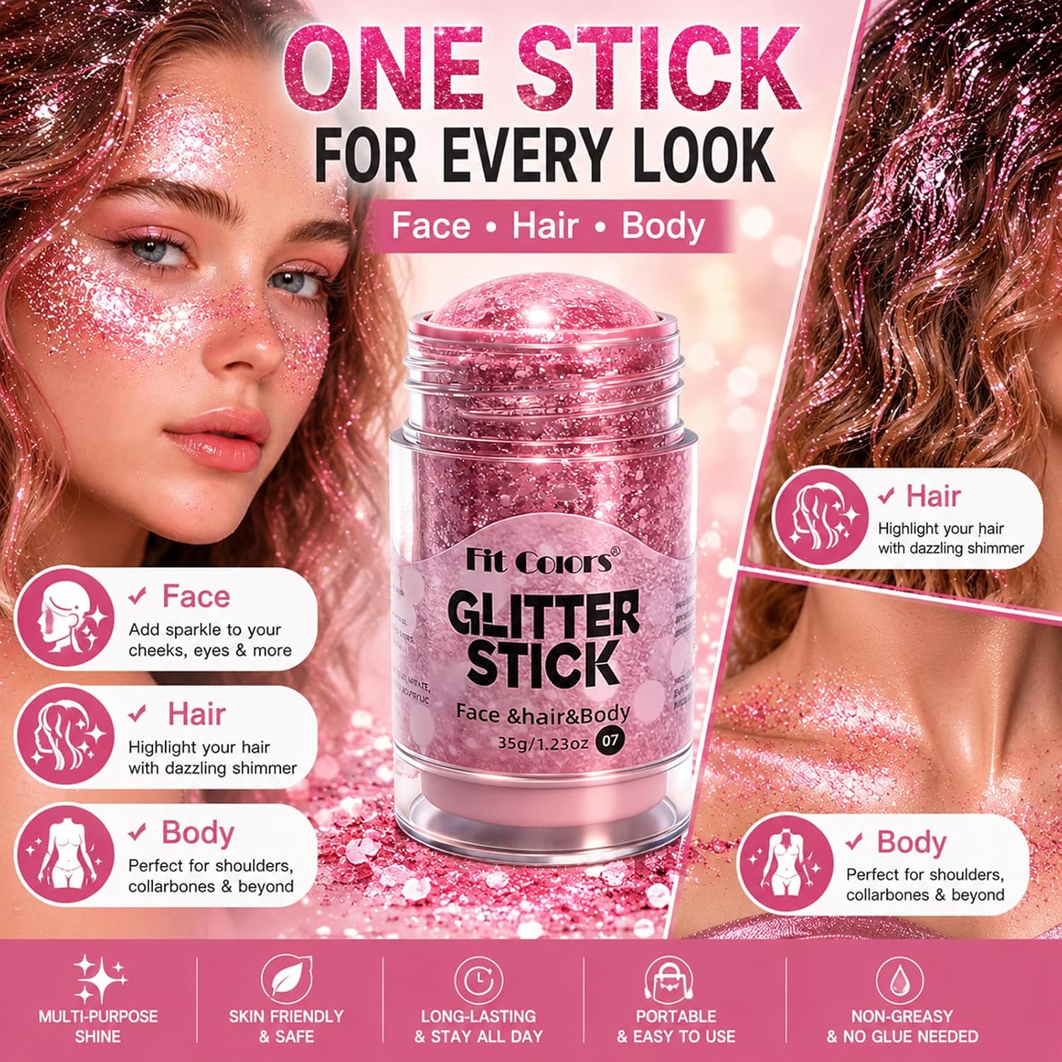 Pink Body Glitter Stick,Sparkling Face Hair Glitter Makeup For Women,Waterproof Hair Glitter,Holographic Mermaid Sequins Face Paint Gel Kit For Carnival Singer Concert Festival Rave Outfit Accessories