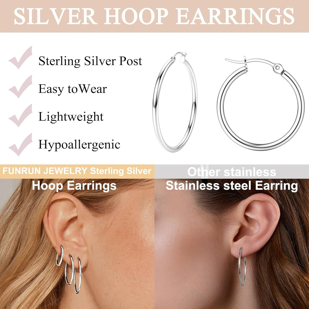 FUNRUN JEWELRY 5 Pairs 925 Sterling Silver Hoop Post Earrings for Women-Small 14K Gold Silver Hoops Earrings,Hypoallergenic Silver Hoop Earring for Women-Medium Big Hoops Stack Earring 10/14/20/30/40mm