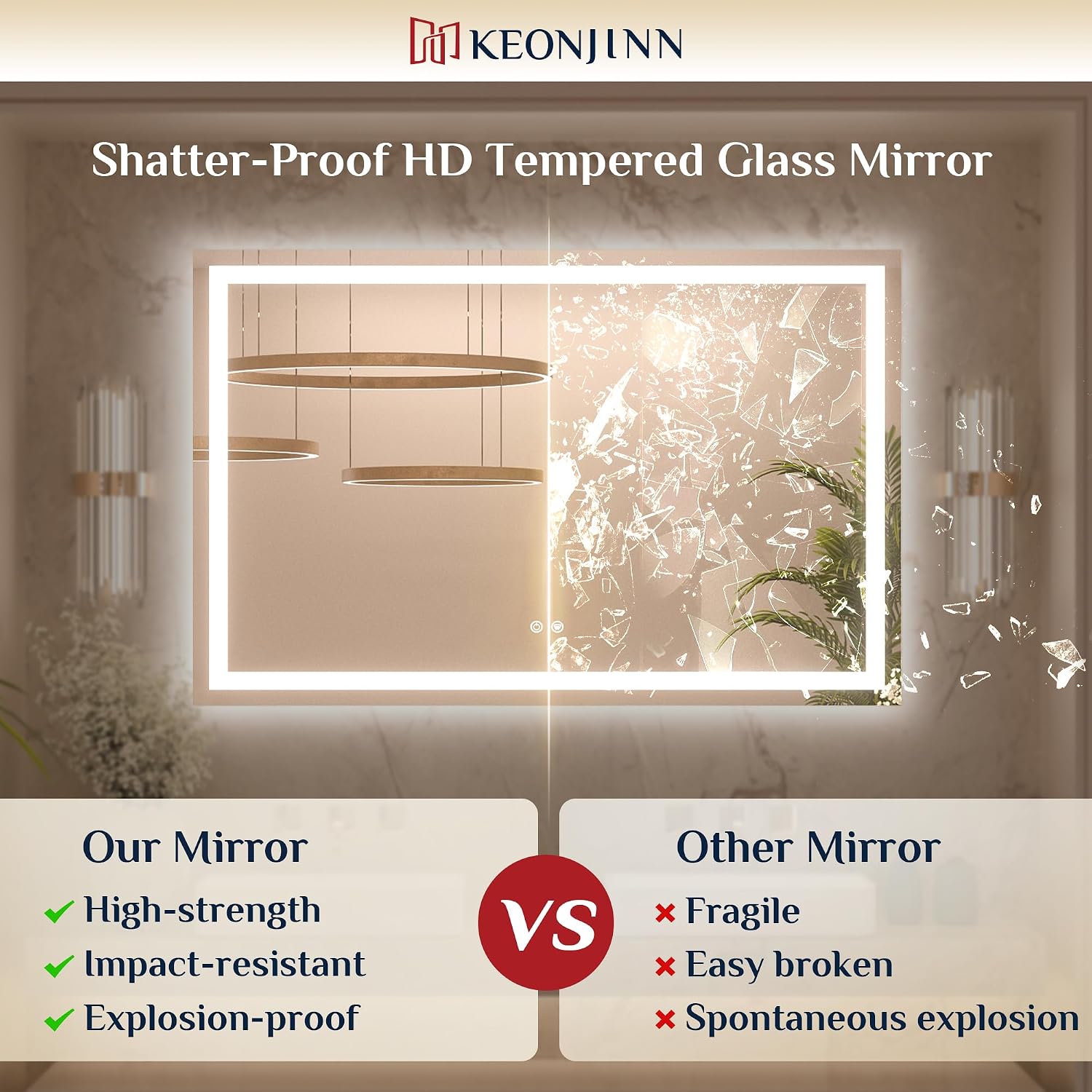 Keonjinn 32 X 36 Inch Led Bathroom Mirror With Frontlit & Backlit, Anti-Fog Mirror With Lights, Stepless Dimming, 3-Color Temperature, Hd Tempered Glass Wall Mirror For Modern Bathroom