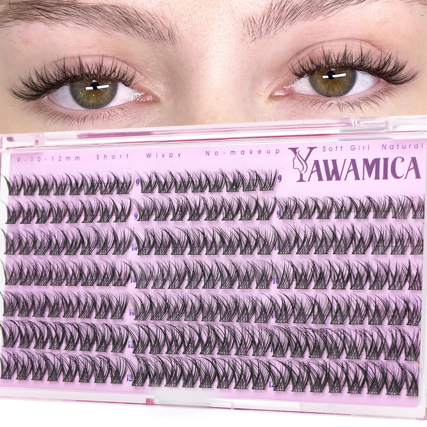 Yawamica Short Natural Lash Clusters 9-10-12mm, Soft Wispy Cluster Lash Extensions, CC Curl Eyelash Clusters with Super Thin Band, Beginner-Friendly DIY Lashes for Natural Cat Eye & Doll Eye Look