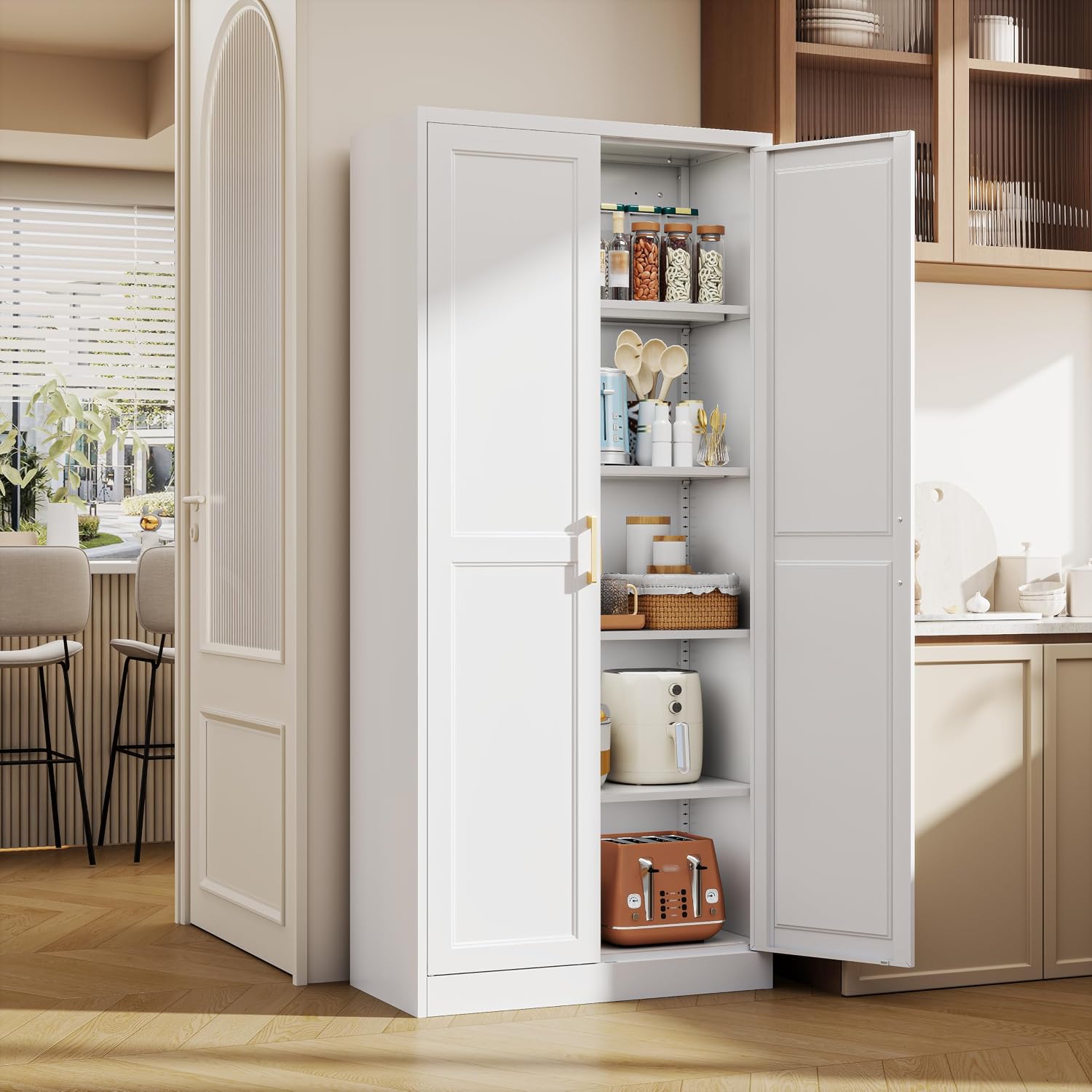 71" Tall Metal Pantry Cabinet, White Kitchen Pantry Storage Cabinet With 4 Adjustable Shelves And Gold Handles, Cupboard For Kitchen, Dining Room, Living Room, Bathroom