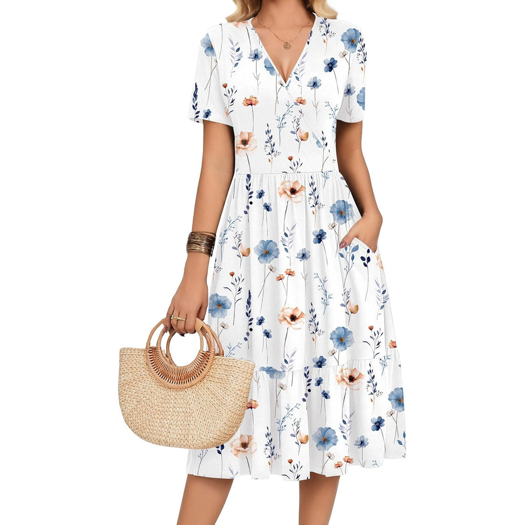 Womens Summer Casual Dresses Short Sleeve Midi Warp V-Neck Floral Dress with Pockets Tiered Flowy A Line Sundress