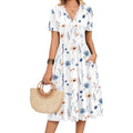 Womens Summer Casual Dresses Short Sleeve Midi Warp V-Neck Floral Dress with Pockets Tiered Flowy A Line Sundress