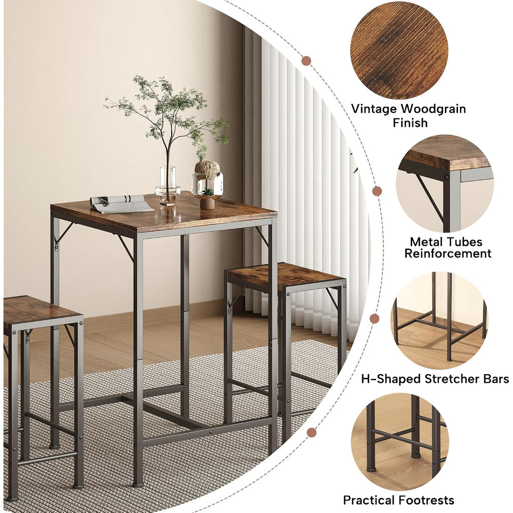 Homeiju Bar Table And Chairs Set, Square Bar Table With 2 Stools, Space-Saving Dining Pub Set For 2, Perfect For Kitchen, Breakfast Nook, Living Room & Small Spaces