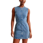 Women'S Sleeveless Bodycon Denim Mini Dress Sleeveless Waist Tucks Zipper Short Tank Jean Dresses Concert Outfits