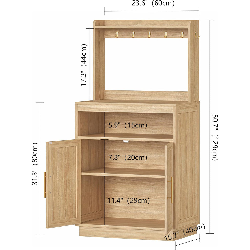 Fluted Coffee Bar Cabinet With Storage, Coffee Station With Adjustable Shelf And Hutch, 23.6" Sideboard Buffet Cabinet With 7 Hooks For Kitchen Living Room, Natural Oak