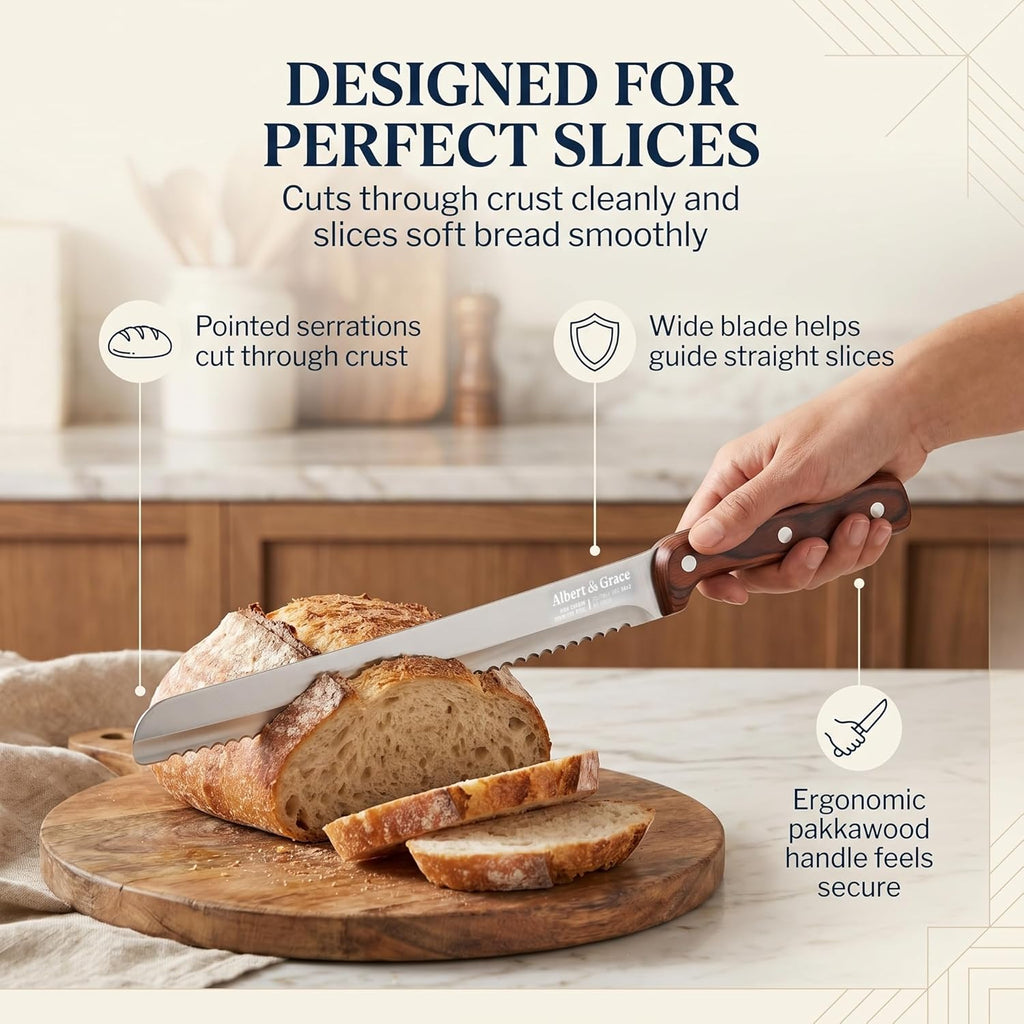 Albert&Grace 10.5-Inch Serrated Bread Knife with Full-Length Sheath – Ultra Sharp, Low-Crumb Slicing for Sourdough, Homemade Bread & Bagels