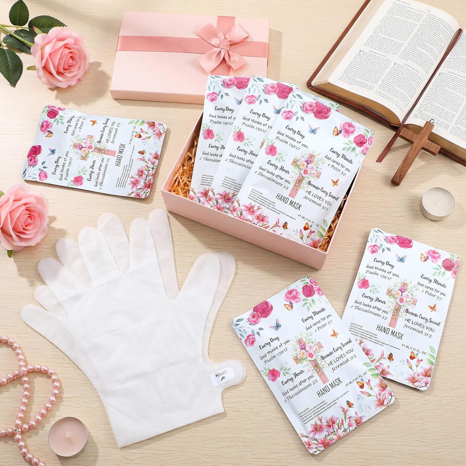 Loopeer 12 Pcs Christian Hand Mask Christian Gifts for Women Bible Verse Gloves for Skin Dry Hydrating Hand Masks Moisturizer Rose Gloves for Mom Grandma Church Prayers Coworker
