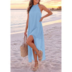 Prettygarden Summer Wedding Guest Dresses For Women 2026 Spring Long Flowy Halter Maxi Asymmetrical Beach Vacation Sundress