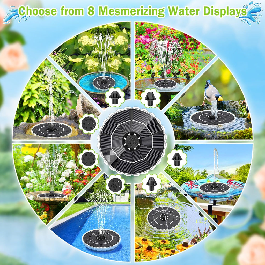 Solar Fountain, 2026 Upgrade 3.5W Solar Bird Bath Fountains With Colorful Ring Led Lights, 2000Mah Battery, 7 Nozzles And 4 Fixers, Solar Water Fountain Pump For Pond, Pool, Patio And Garden