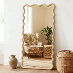 Full Length Mirror, 55"X28" Boho Wavy Wood Floor Mirror, For Bathroom, Bedroom, Living Room, Cloakroom, Entryway
