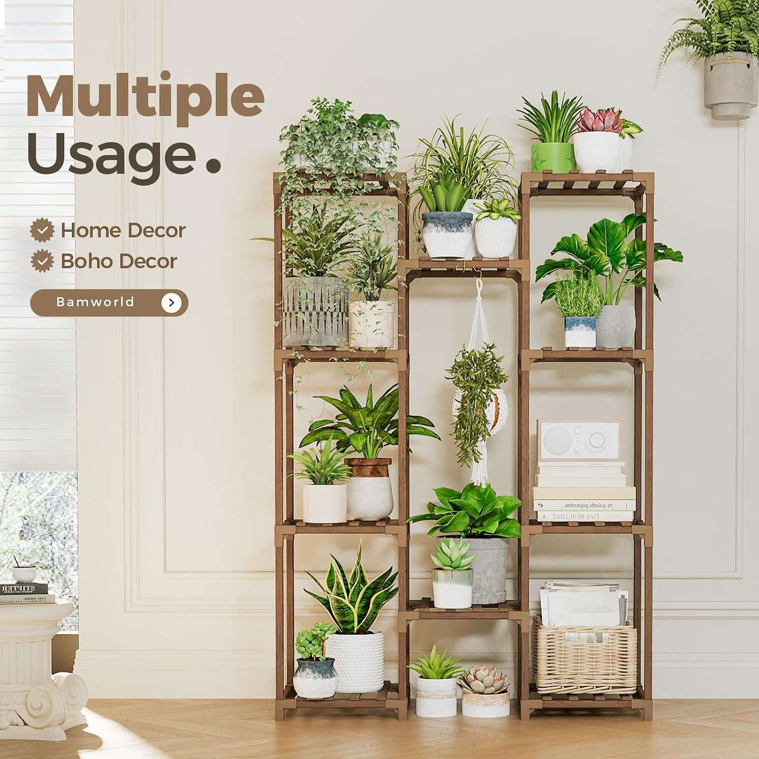 Bamworld Plant Stand Indoor Outdoor Tall Plant Shelf For Multiple Plants Pots Wood Flower Stand Large Flower Holder For Living Room, Patio, Balcony, Garden Decor, Brown