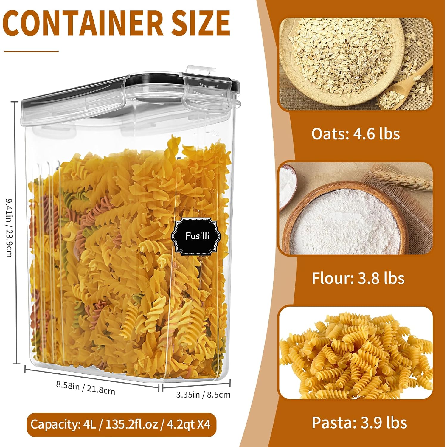 Cereal Containers Storage Set (4L / 135.2Oz), 4Pcs Airtight Food Storage Containers With Lids, Cereal Dispensers For Kitchen Pantry Organization And Storage With Pour Spout, 20 Labels, Marker