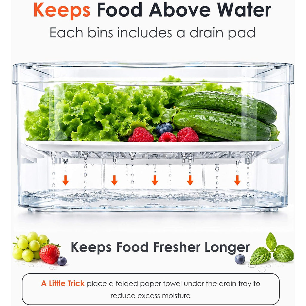 6 Pack Clear Fridge Organizer Bins With Drain Trays - Stackable | Bpa-Free Pet, 6 Pack: 6 Lidded Bins (Not Drawer), Helps Keep Produce Fresh, 14L Capacity, Hand Wash Only