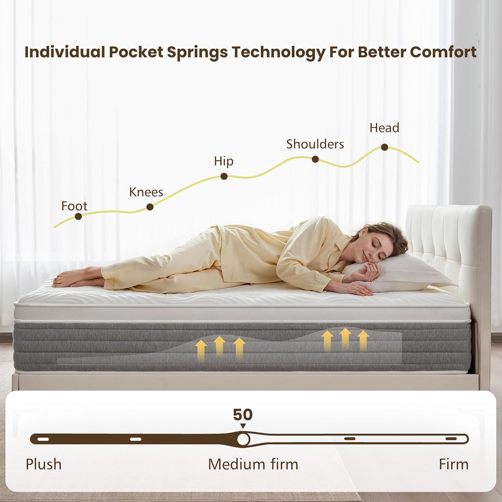 Full Mattress 12 Inch, Medium Firm Full Size Mattress In A Box，Hybrid Mattresses With Gel Foam & Zoned Pocket Springs For Pressure Relief, Motion Isolation | Certipur-Us Certified