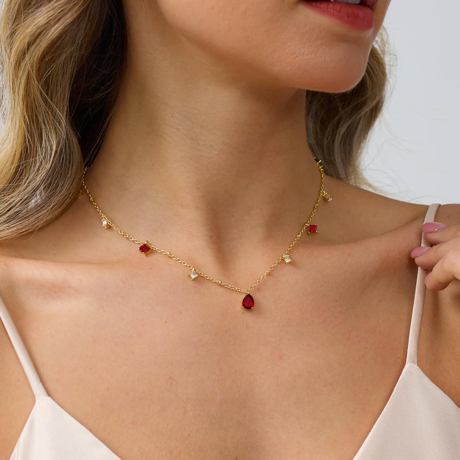 RLMOON Gold Necklaces for Women 14K Gold Plated CZ Diamond Choker Necklace Red Emerald Green Blue Black Teardrop Necklace for Wedding Bridesmaid Prom Trendy Gold Jewelry Gift