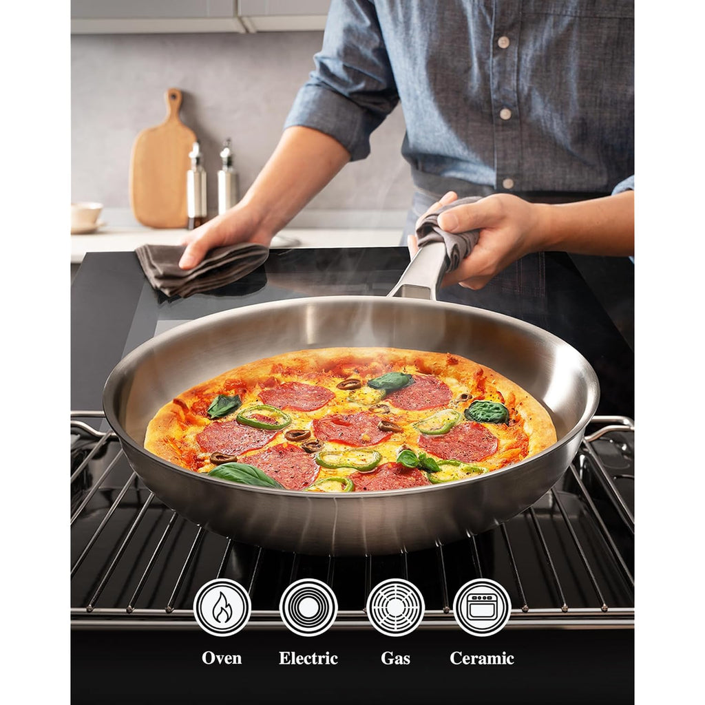 VocVoi Stainless Steel Pan, 12 Inch with Lid Stainless Steel Frying Pan, Non Toxic Tri-Ply Skillet, PFOA&PTFE Free, Oven and Dishwasher Safe, Induction Compatible