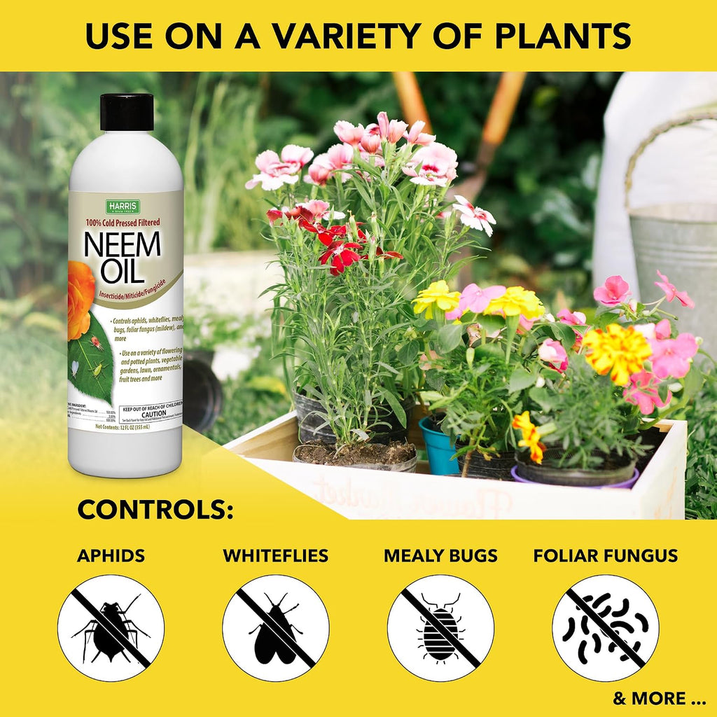 Harris Concentrated Neem Oil 100% Cold Pressed Filtered Oil Insecticide/Miticide/Fungicide, 12 Oz Concentrate
