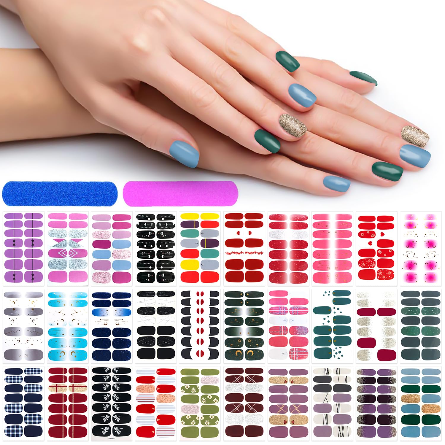 420 Pieces 30 Sheets Glitter Nail Wraps with Nail File Nail Polish Strips Self Adhesive Nail Polish Stickers Nail Strips for Women Girl Salon Nail Art Accessories