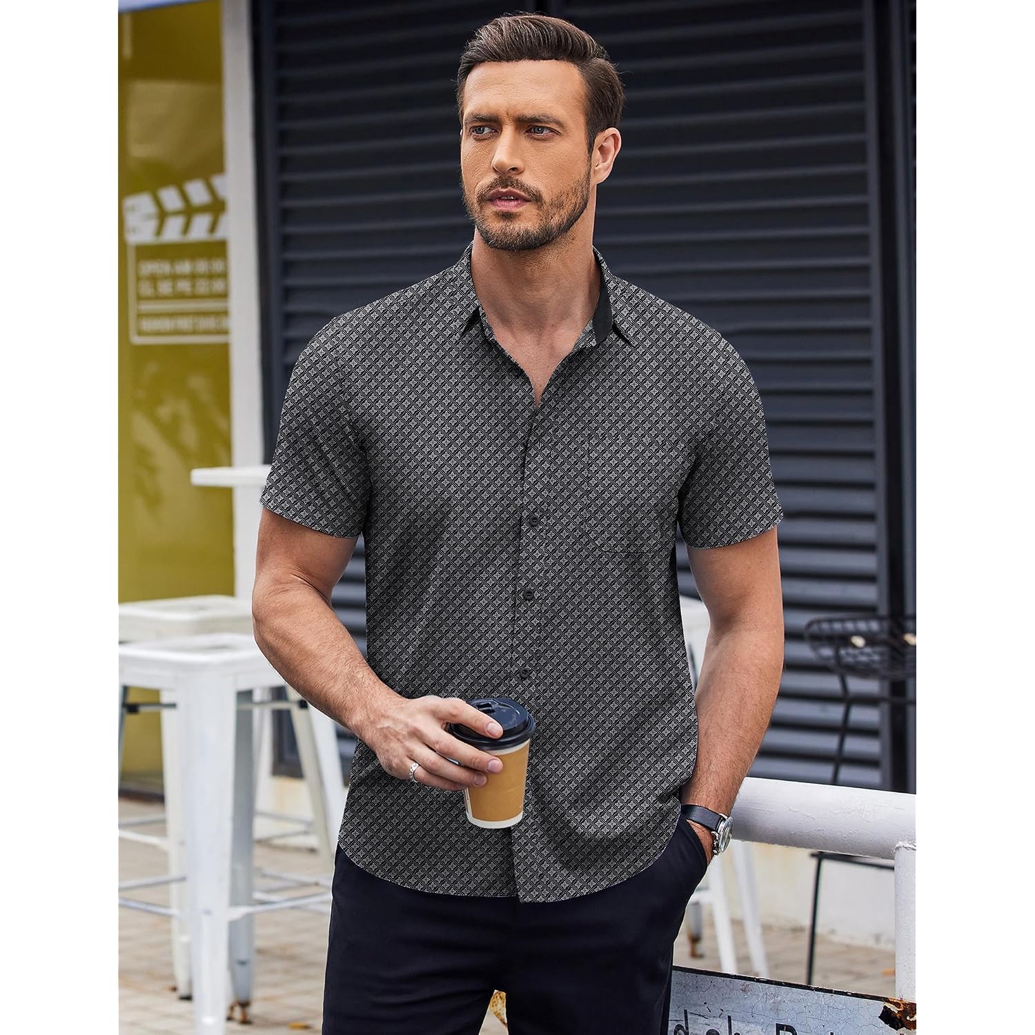 Coofandy Mens Short Sleeve Button Down Shirts Wrinkle Free Dress Shirts Casual Polka Dot Print Shirt With Pocket