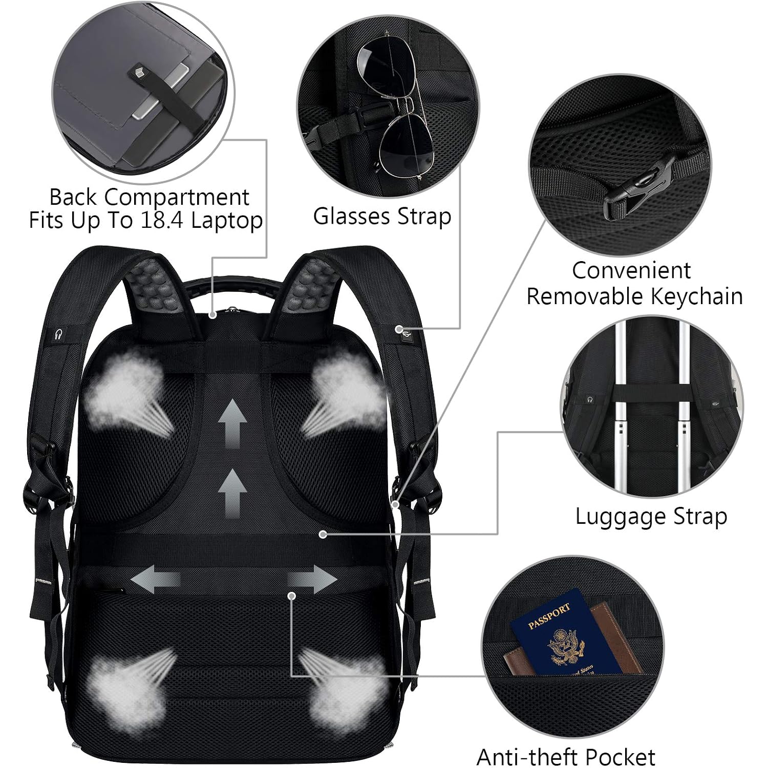 Extra Large Laptop Backpack, 22" X 17" X 10", 60L Capacity, Multi-Compartment Protection, Fits 15.6-19" Laptops, Tsa Approved, Rfid Anti-Theft, Sport Travel Backpack