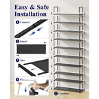 Kitsure Shoe Rack for Closet - 10-Tier Shoe Organizer with Hook Rack, Large-Capacity & Space-Saving Shoe Shelf for Entryway, Bedroom, Living Room,32.2" x 11.8" x 68.5", Black