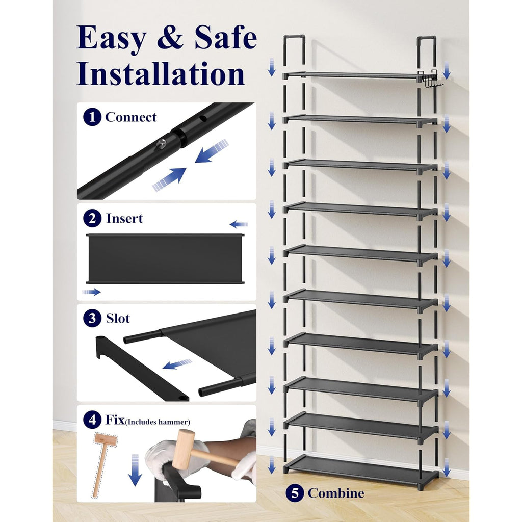 Kitsure Shoe Rack for Closet - 10-Tier Shoe Organizer with Hook Rack, Large-Capacity & Space-Saving Shoe Shelf for Entryway, Bedroom, Living Room,32.2" x 11.8" x 68.5", Black