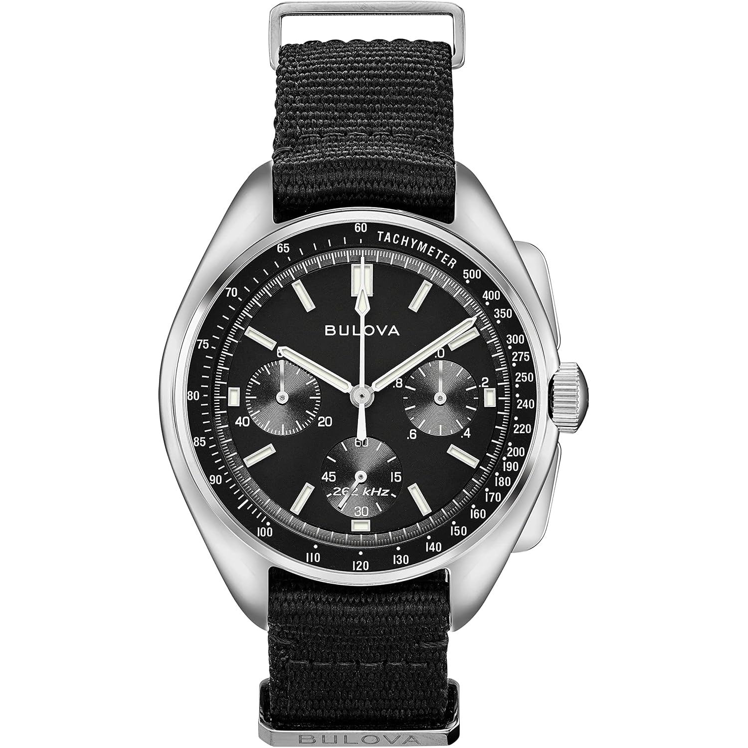 Bulova Men'S Archive Series Lunar Pilot 6-Hand Chronograph High Performance Quartz Stainless Steel, Black Nato Strap And Sapphire Crystal Style: 96A225