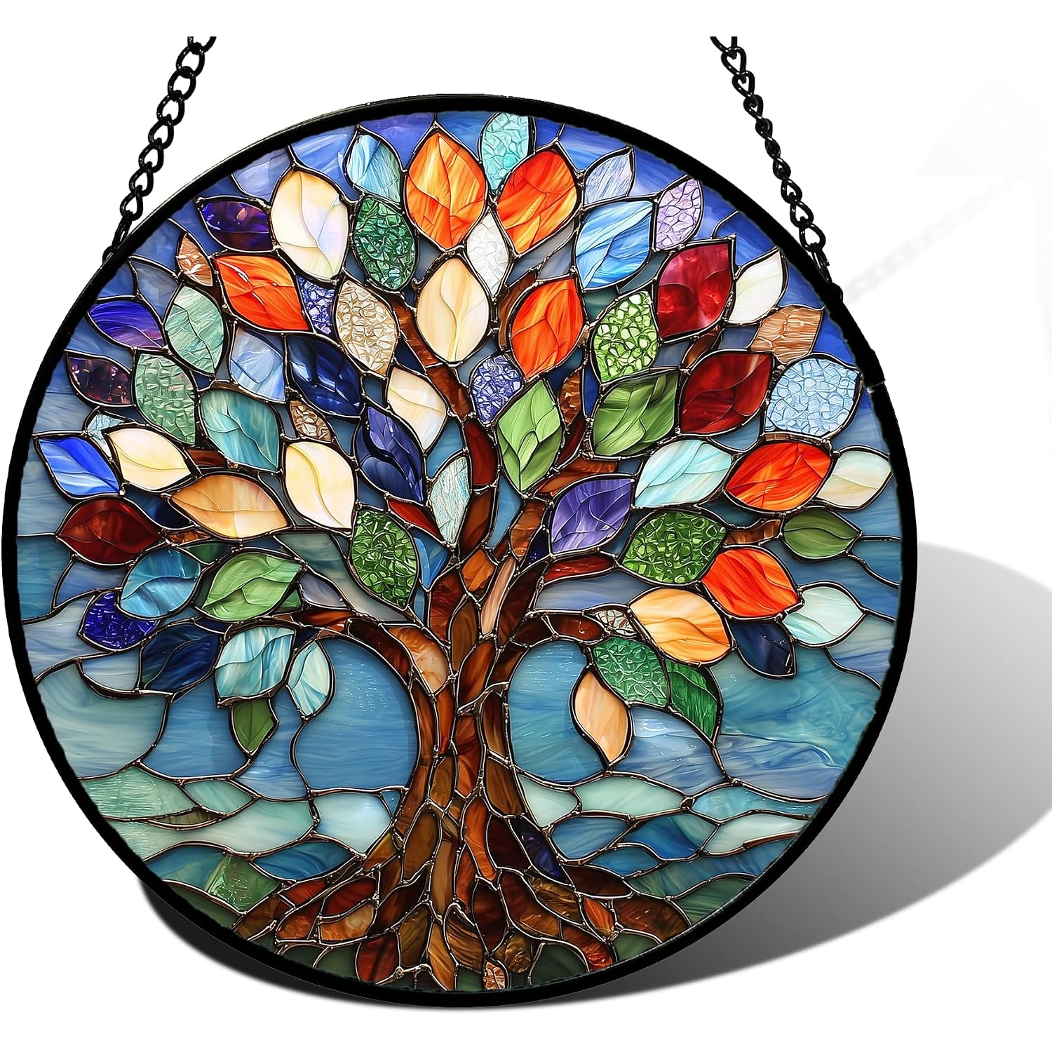 Stained Glass Window Hanging, Colorful Tree Of Life Sun Catchers Glass Panel Blue Suncatcher Decor For Birthday For Women, Men, Wife, Aunt, And Mom 6.3 In