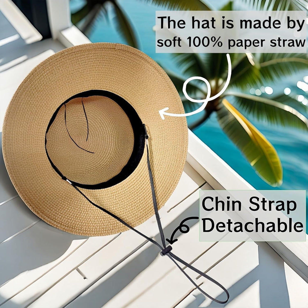 Beach Sun Straw Hats for Women, Summer Sun Protection Foldable Packable Wide Brim Hat