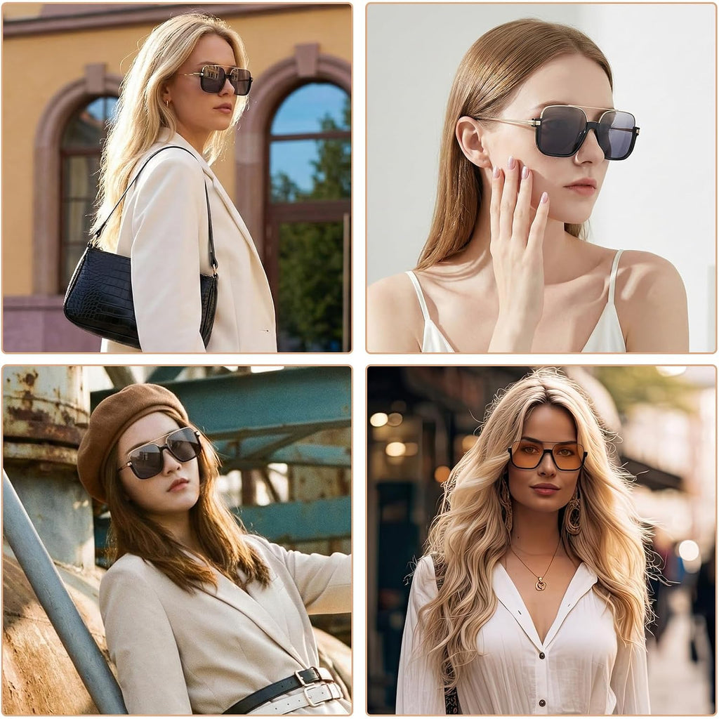 Retro Oversized Aviator Sunglasses Trendy Double Bridge Square Sunglasses 70S Shades Uv Protection