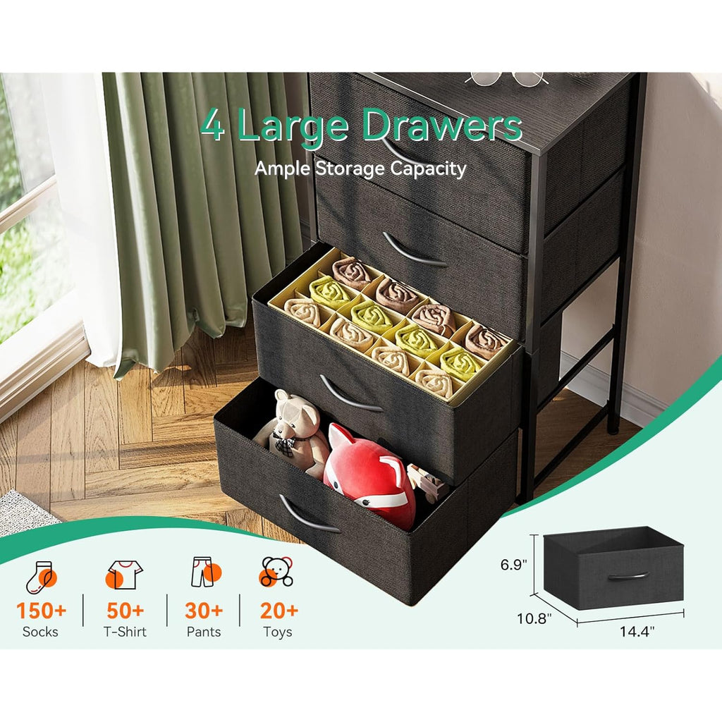 AODK Dresser for Bedroom with 4 Storage Drawers, Small Dressers Chest of Drawers Fabric Dresser with Sturdy Steel Frame, Black