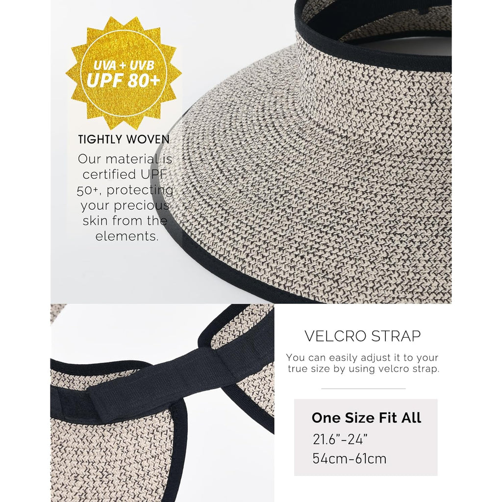 FURTALK Sun Hats for Women Wide Brim Beach Hat Straw Visor Ponytail Summer UV Packable Foldable Beach Vacation Essentials
